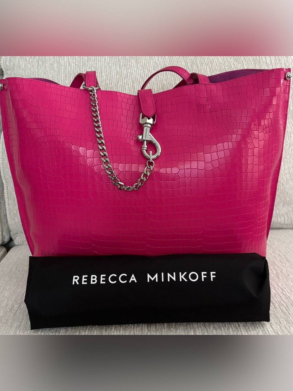 Rebecca Minkoff Megan Soft Large Tote Fuchsia Pink Croc Embossed Leather